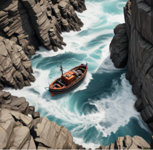 Lack of version documentation boat stuck in between rocks and swirling sea