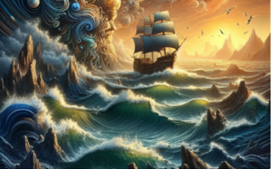 Lifecycle changes sail ship through rough seas and mountains towards sun and mountains